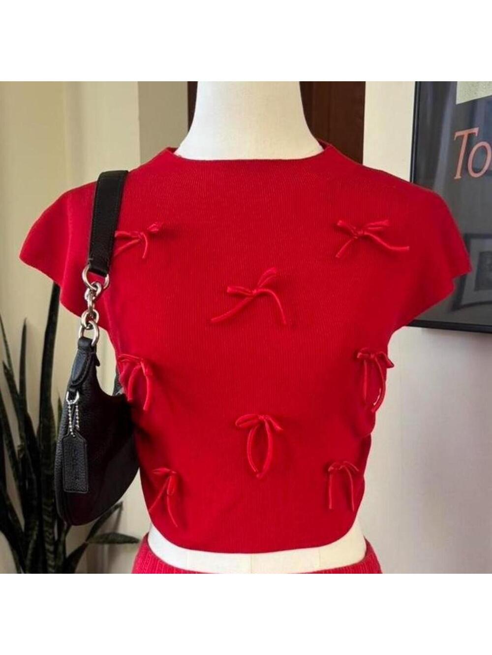 Red Bow Crop Top Coquette Balletcore Baby Tee Y2K Soft Girl Dollette Cute Chic